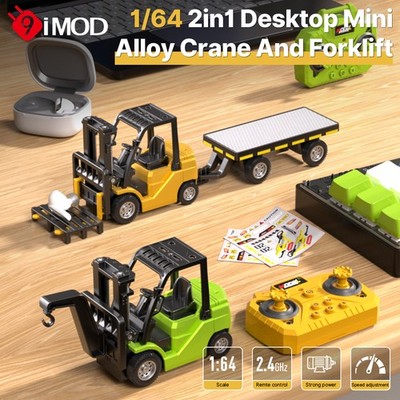 9IMOD 1/64 RC Desktop Car APP 2.4G Remote Mini Alloy Crane Forklift w/Trailer