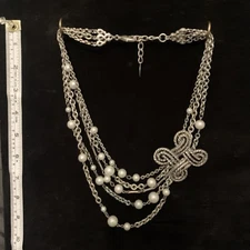 Silver Toned and Pearl Multi Stranded Statement Necklace