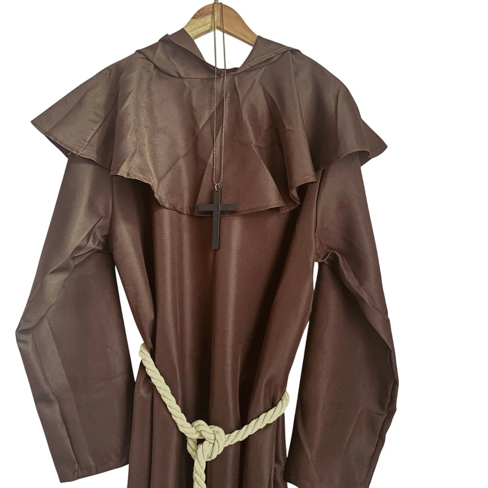 Disfraz de túnica de monje marrón XL capa con capucha cuerda cinturón y taza fraile medieval Halloween Foto 2 de 4