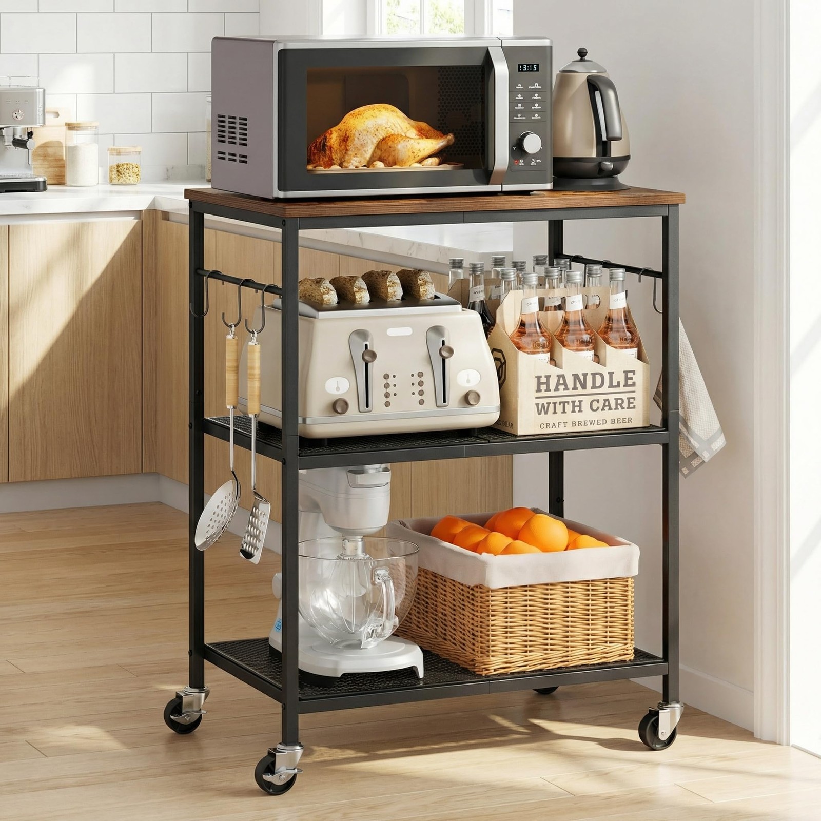 3-Tier Rolling Kitchen Microwave Cart, Kitchen Utility Cart on Lockable Wheel...