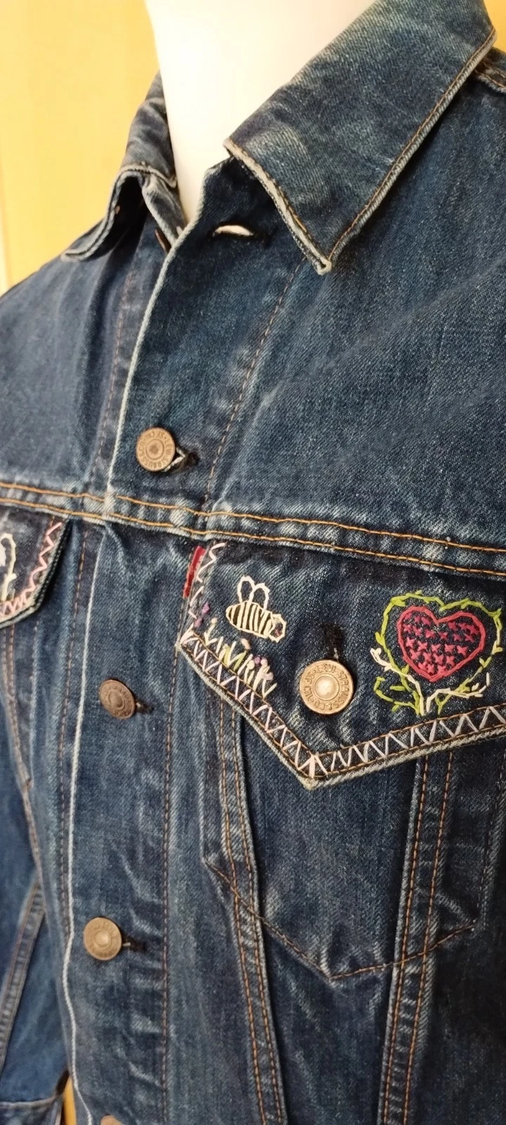 RARE VTG 70s USA LEVIS 70505 EMBROIDERED DARK BLUE DENIM TRUCKER SLIM FIT JACKET