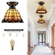 Vintage Tiffany Style Stained Glass Drum Shade Flush Mount Ceiling Light Fixture