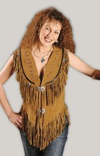 Women's Vintage Cow Lady Western Wear Vest Tan Leather Fringes And Bones