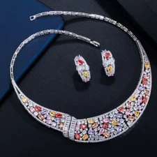 Silver Plated Multicolor Zircon Collar Necklace Earrings Women Party Jewelry Set