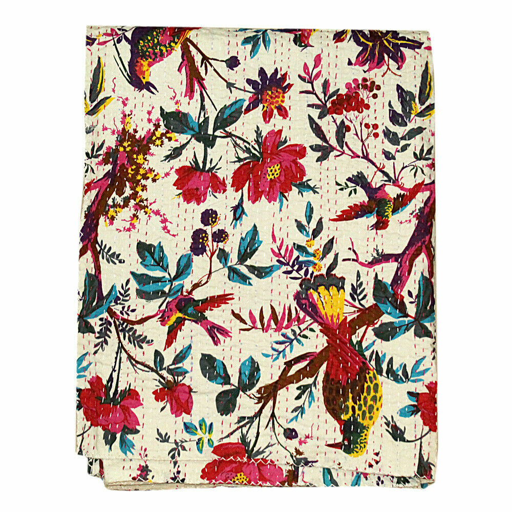 Vintage Handmade Bird Print Bedspreads Indian Kantha Quilt Cotton Throw