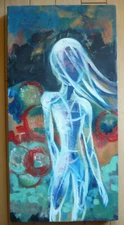 MYSTERY MODERN MODERNIST ABSTRACT FIGURAL LADY IN WINDY ABSTRACTION COLORISM OIL