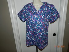 Comfy Cotton Scrub Top S Floral Print Nurses Uniform Purple teal Pink White