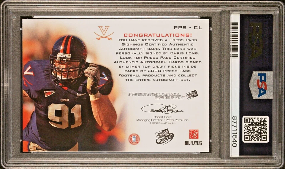CHRIS LONG Rams 2008 Press Pass Autographs Gold Rookie Auto RC/99 PSA 8 Pop 1 - Image 2 of 2