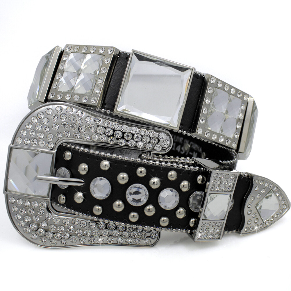 XS S M L XL BLACK SQUARE CRYSTAL & CUBE CONCHO BUCKLE Belt