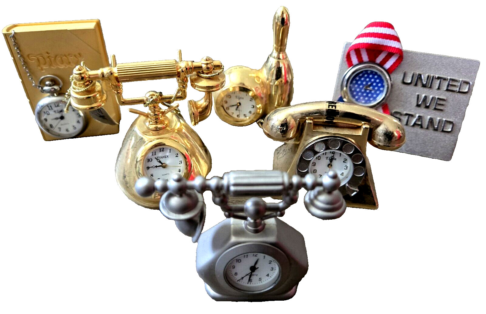 Gold Silver Brass 6 Small 2-2.5" Desk Top Clocks-Elgin Timex