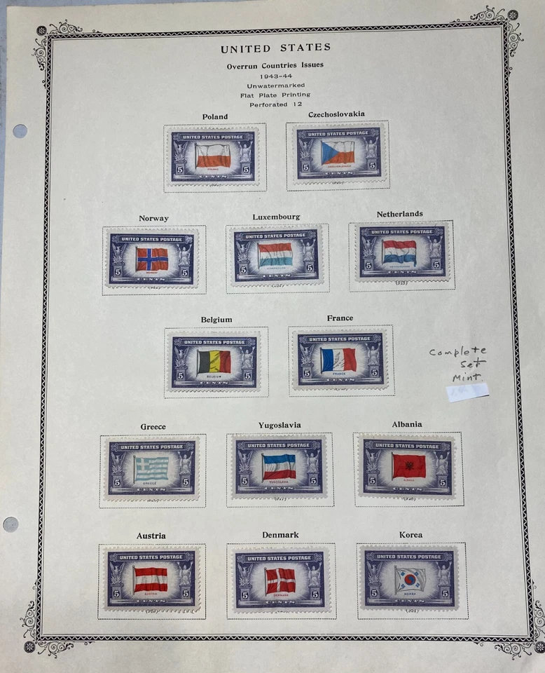 USA. 1943 - 1944 Overrun Countries Issues complete set Mint Hinged - Image 2 of 4