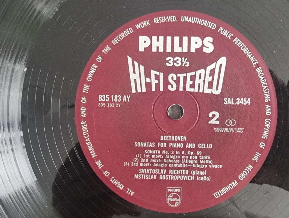 PHILIPS HIFI STEREO BEETHOVEN ROSTROPOVICH RICHTER CELLO SONATAS 835182/83 AY NM - Image 3 of 4