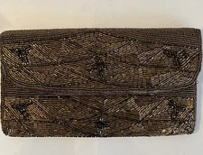 Magid Hong Kong Hand Beaded Clutch Wallet Gold Brass Brown Color Sparkly 8x4.5”