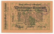 GERMANY JÜTERBOG 1,05 MARK GOLD 1/4 DOLLAR 1923 EMERGENCY MONEY NOTGELD 