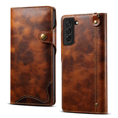 Retro Book Echt Leder Flip Wallet Case Hülle für Samsung S23 S24 S25 Ultra 
