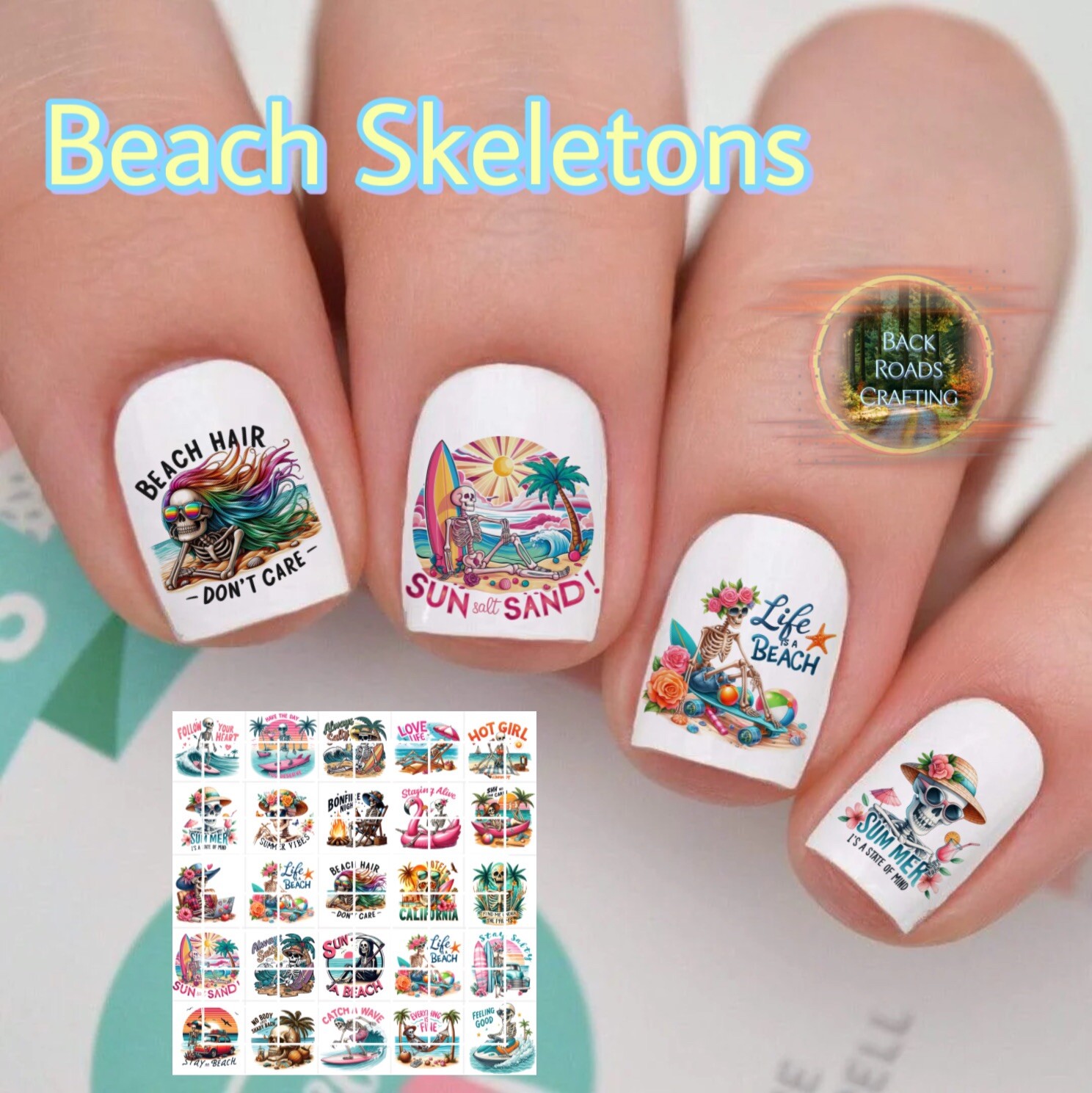 Beach Skeletons Waterslide Nail Decals Set Of 50  Instructions & Bonus