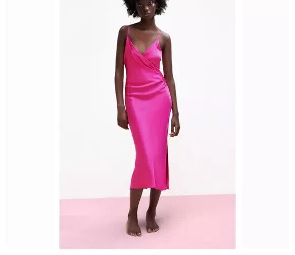 fuchsia satin dress zara Zara Women's Small Slip Dress Draped Satin Camisole Midi Hot Pink Fuchsia  EUC