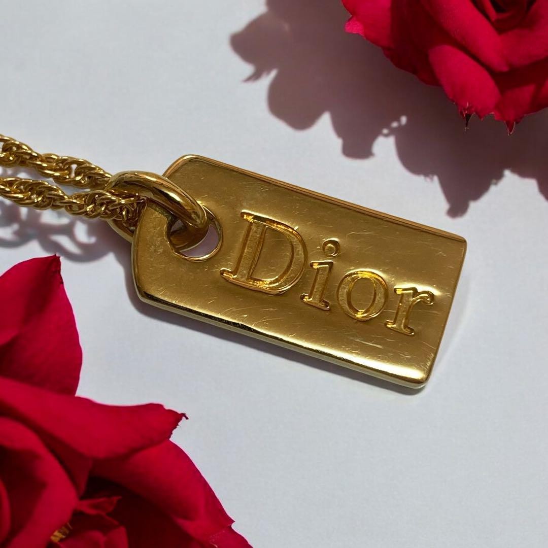 Christian Dior Vintage Logo Plate Necklace Twist Chain Used Japan