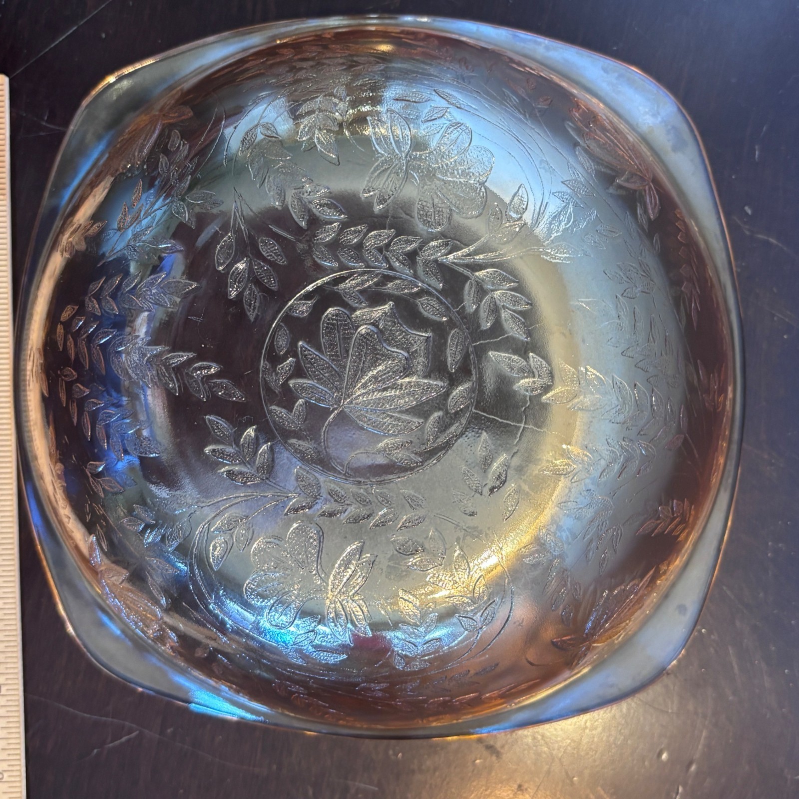 Iridescent Jeanette Amber Glass Bowl Floragold Etching Collectible Piece 8.25" D