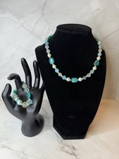 Jewelry set necklace and bracelet blue, pearl with seaglass like beads handmade