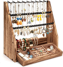 Solid Wood Jewelry Organizer Stand Necklace Earring Bracelet Holder with Drawer