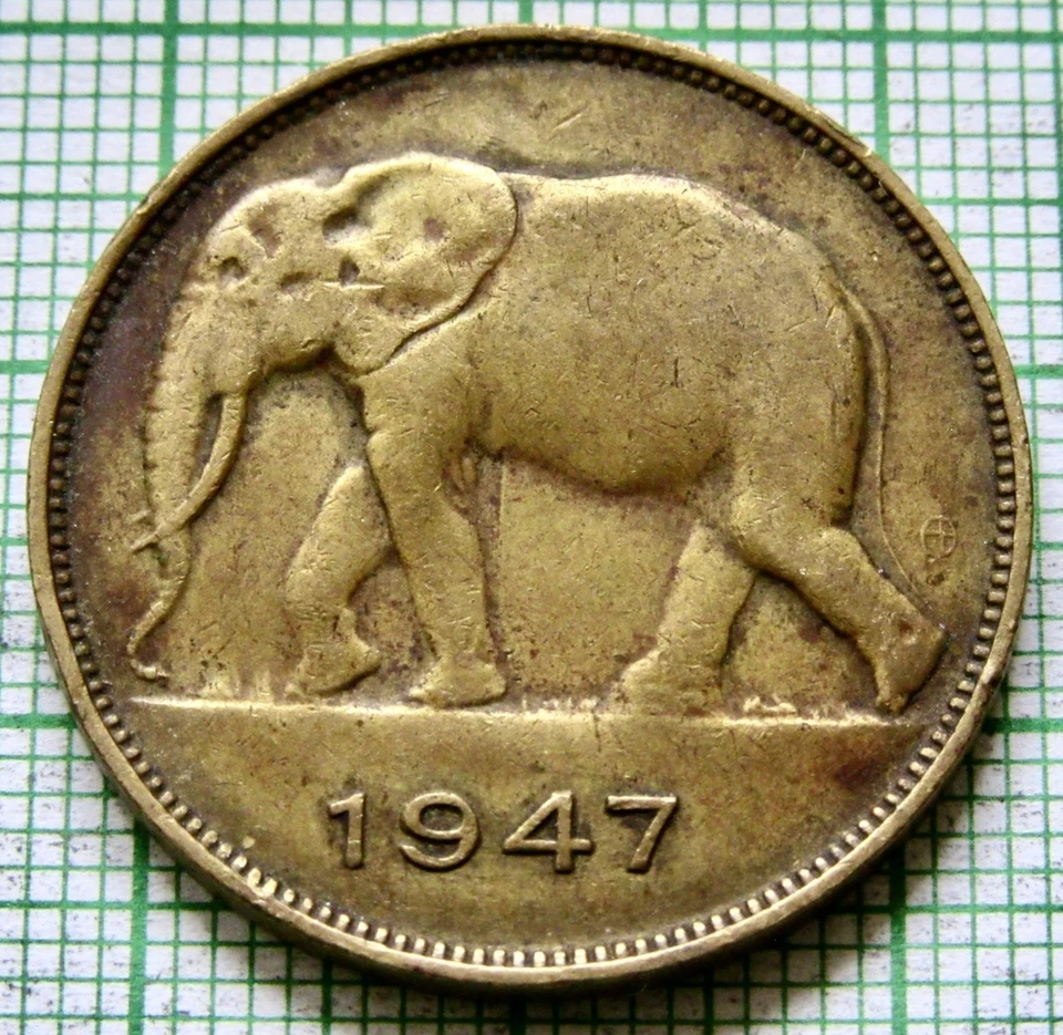 CONGO BELGA 1947 5 FRANCOS Moneda colonial, elefante km# 29 tipo un año Foto 3 de 4
