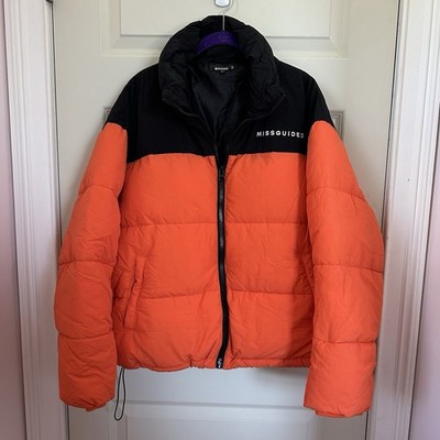 MISSGUIDED Orange Black Puffer Jacket Coat Full Zip Women SZ 12 Halloween Fall