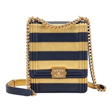 CHANEL  North South Navy & Gold Striped Lambskin Boy Flip Gold Hardware Bag
