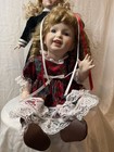 Bundle of 2 Blonde Curly Hair Porcelain Dolls, Plaid Lace & Emerald Green Dress — photo 2