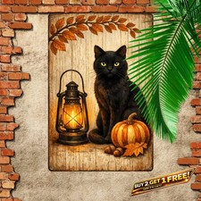 Black Cat with Pumpkin Lantern 8x12 Vintage Metal Sign Rustic Halloween Decor