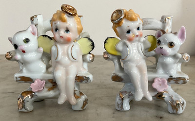 Vtg 2 MD Pixie Fairy Angels w/Cat & Dog on Chair Bench Figurine w/Gold Japan