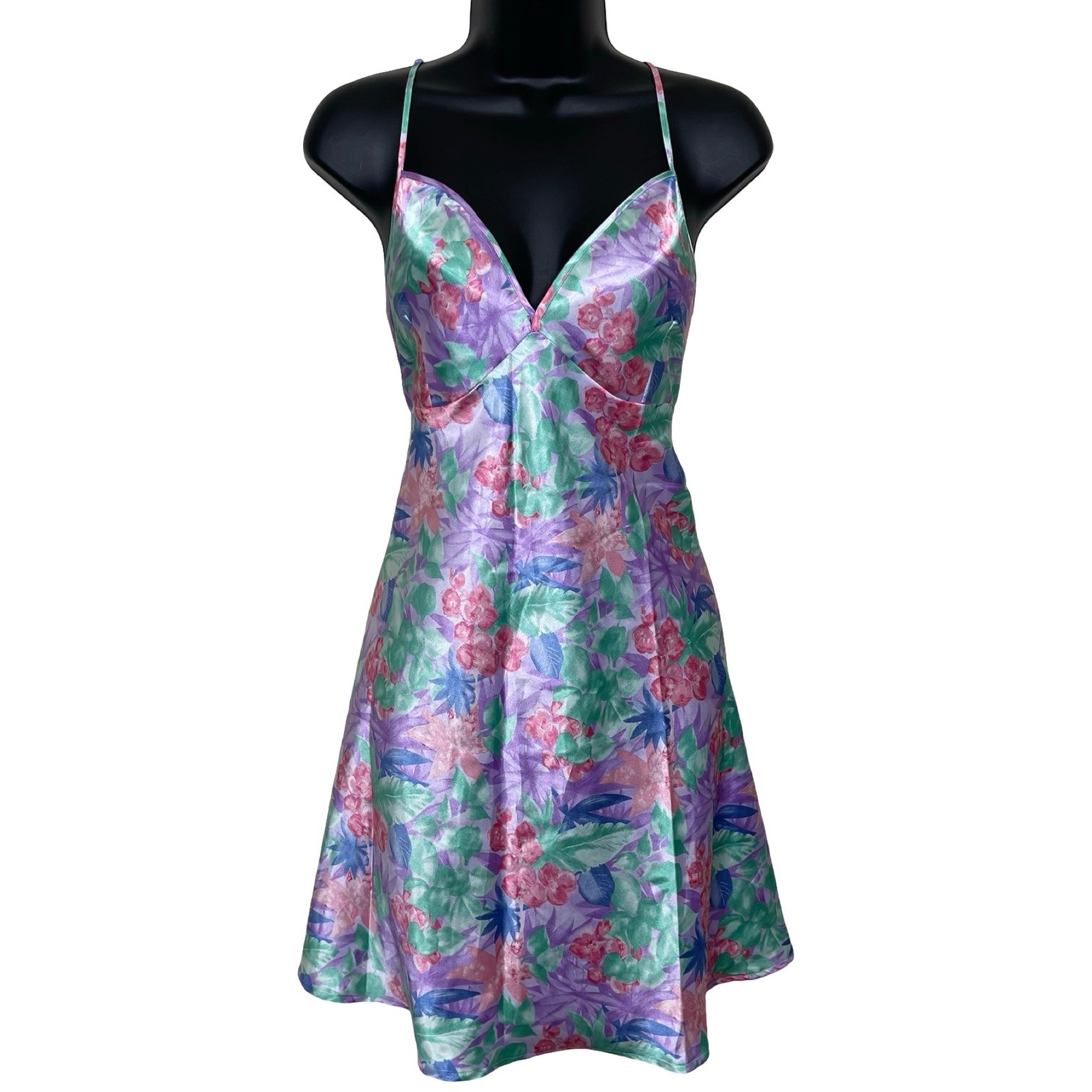 Vintage Secret Treasures Floral Satin Mini Slip Dress L Pastel Pink Purple Y2K