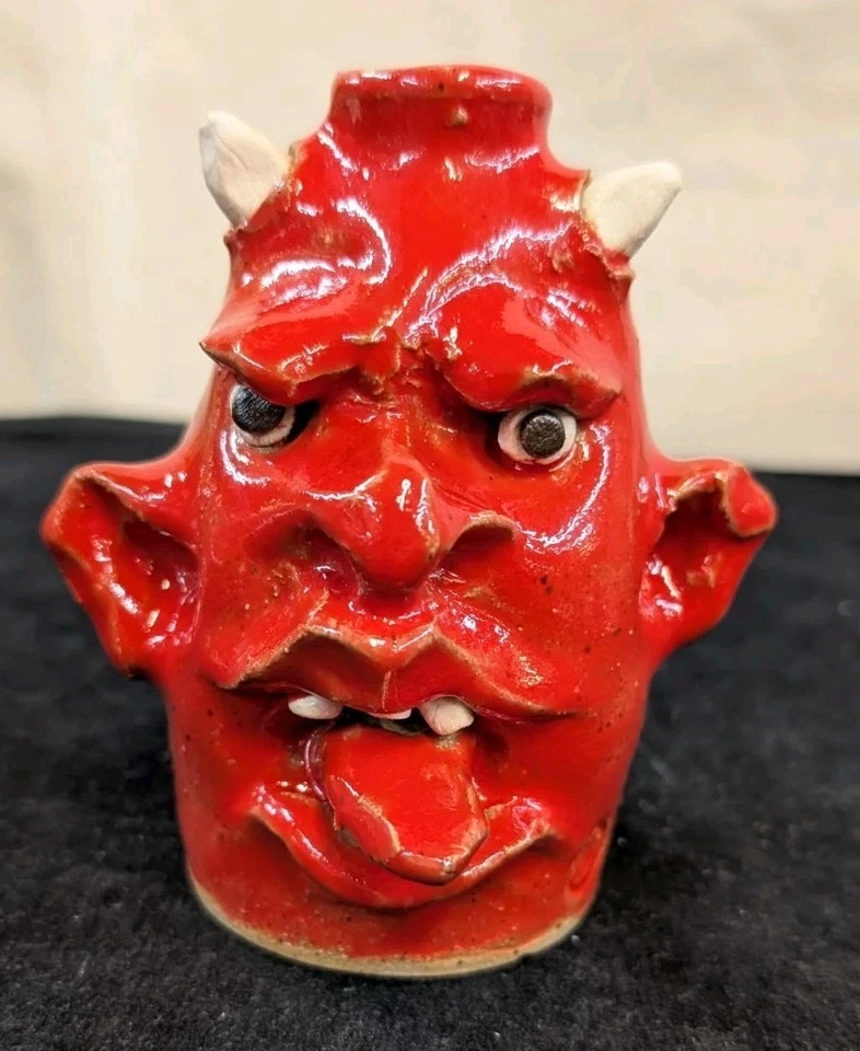 TIM WHITTEN Southern Primitive Folk Art Pottery Tongue Out Red Devil Face Jug - Image 1 of 4