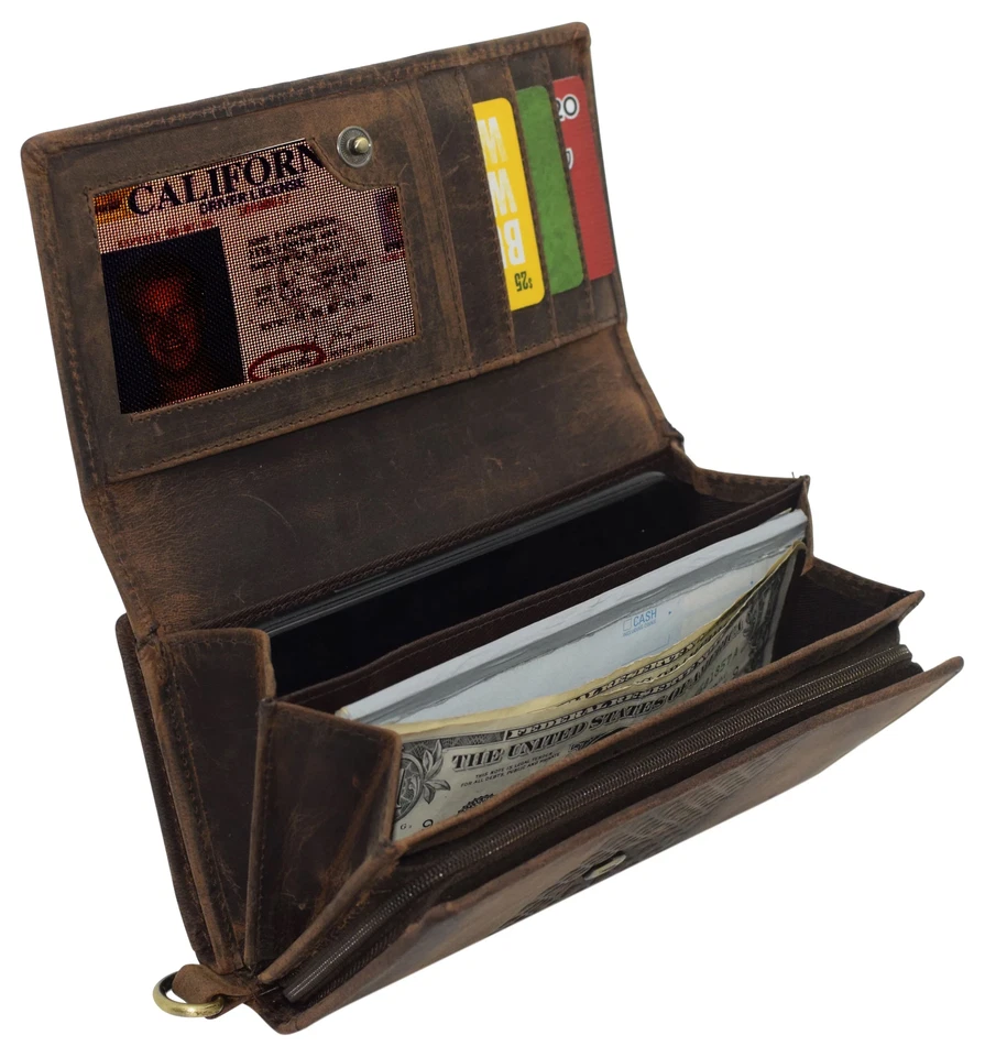 Carteira talão de cheques de couro genuíno marrom caçador bloqueio RFID - Imagem 3 de 4