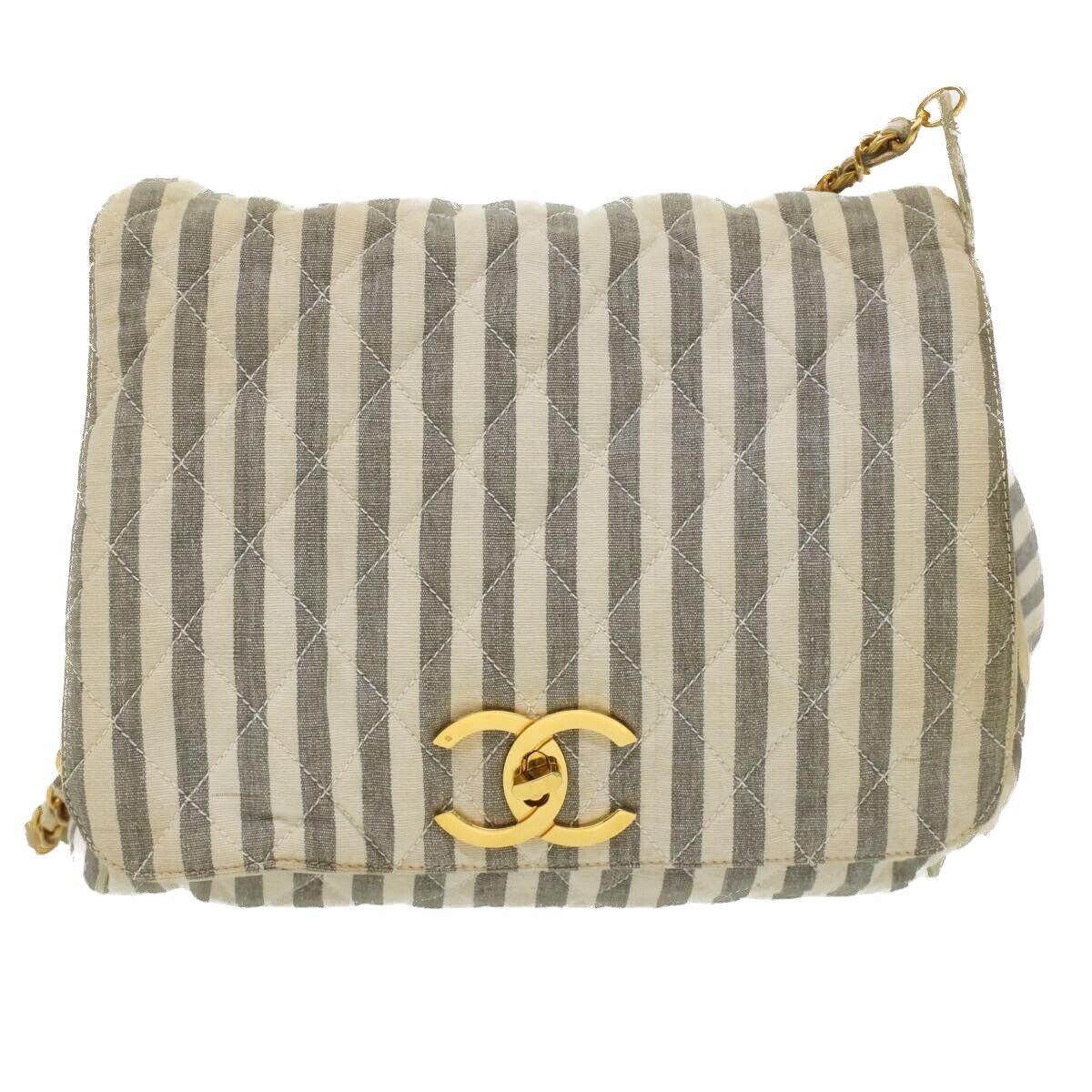 CHANEL Striped Matelasse Chain Shoulder Bag Canvas White CHANEL Striped Matelasse Chain Shoulder Bag Canvas White