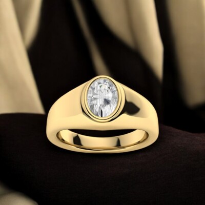 Mens 14K Yellow Gold Rings Oval Ct Lab Grown Diamond