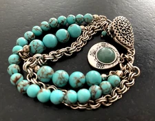 Lucky Brand Turquoise Howlite Stone Chain multi strand 7" unique clasp bracelet