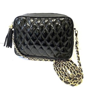 black leather purse with chain strap