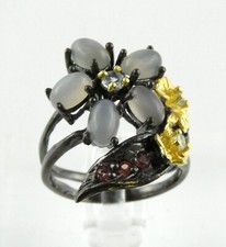 Blackened Sterling Silver Moonstone Quartz Pink Tourmaline Floral Ring Size 7.5