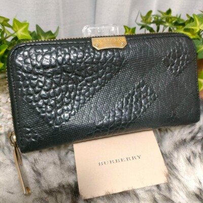 BURBERRY Gold Plate Long Wallet Embossed Leather Black Dark Navy Used