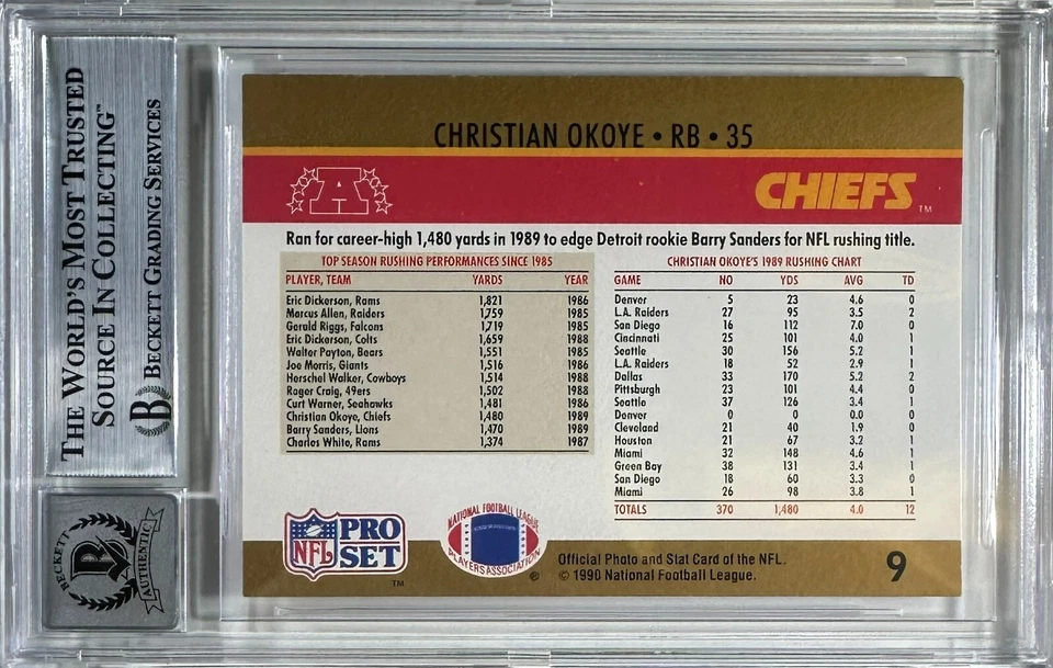 Christian Okoye auto NFL Pro Set 1989 Kansas City Chiefs BAS GM 10 Encap - Image 2 of 3