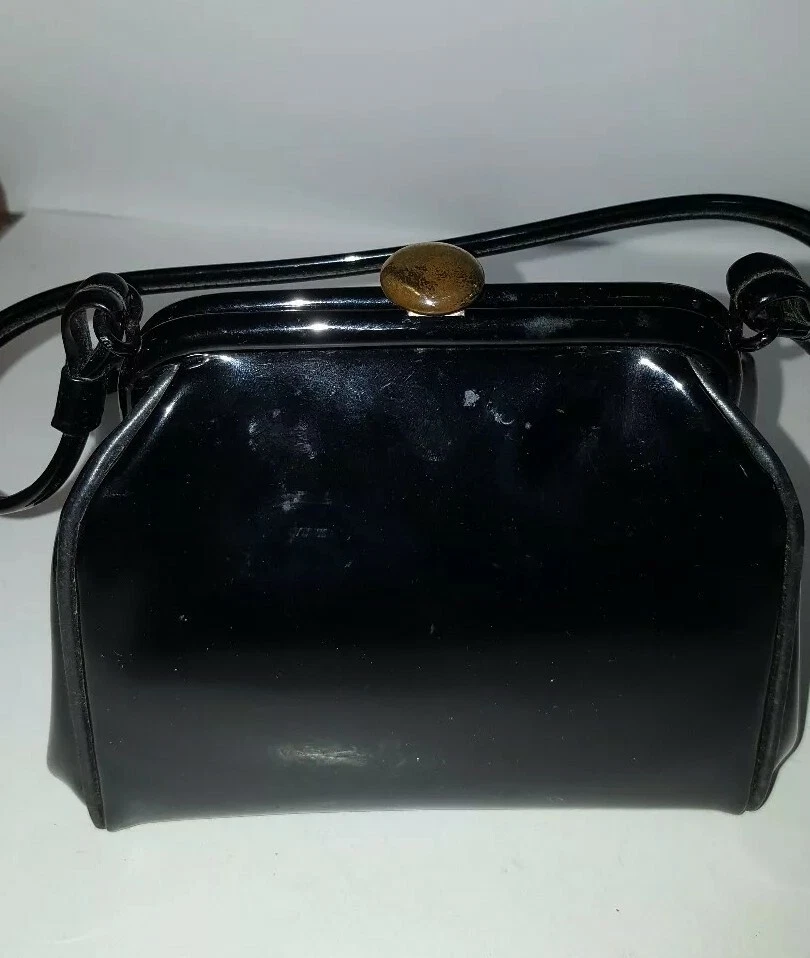 VTG JR BLACK PATENT LEATHER HANDBAG PURSE ATTATCHED COIN PURSE SATIN LINING