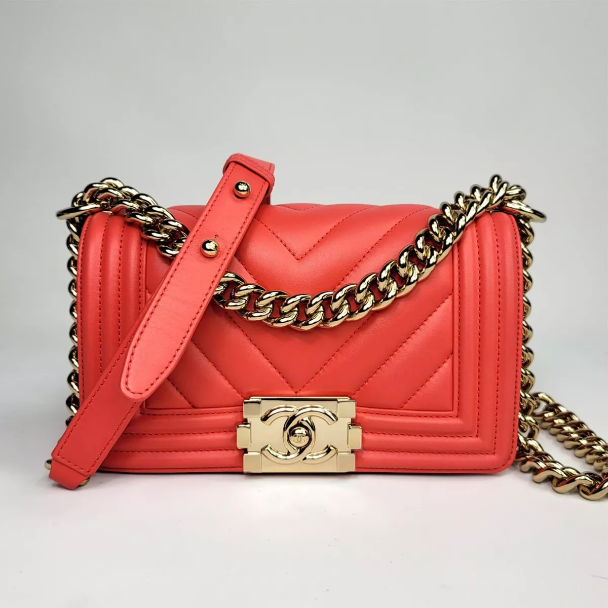 CHANEL Mini Flap Quilted Chevron Leather Crossbody Bag Red