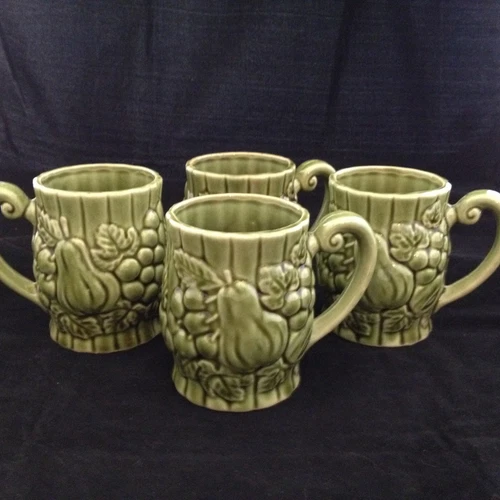 Set of Four Vintage Ceramic Mugs / Cups Avocado Green Raised Fruit Japan