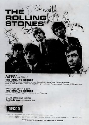 ROLLING STONES signierter Flyer Jagger, Richards, Watts, Jones, Wyman 7''x5'' Nachdruck