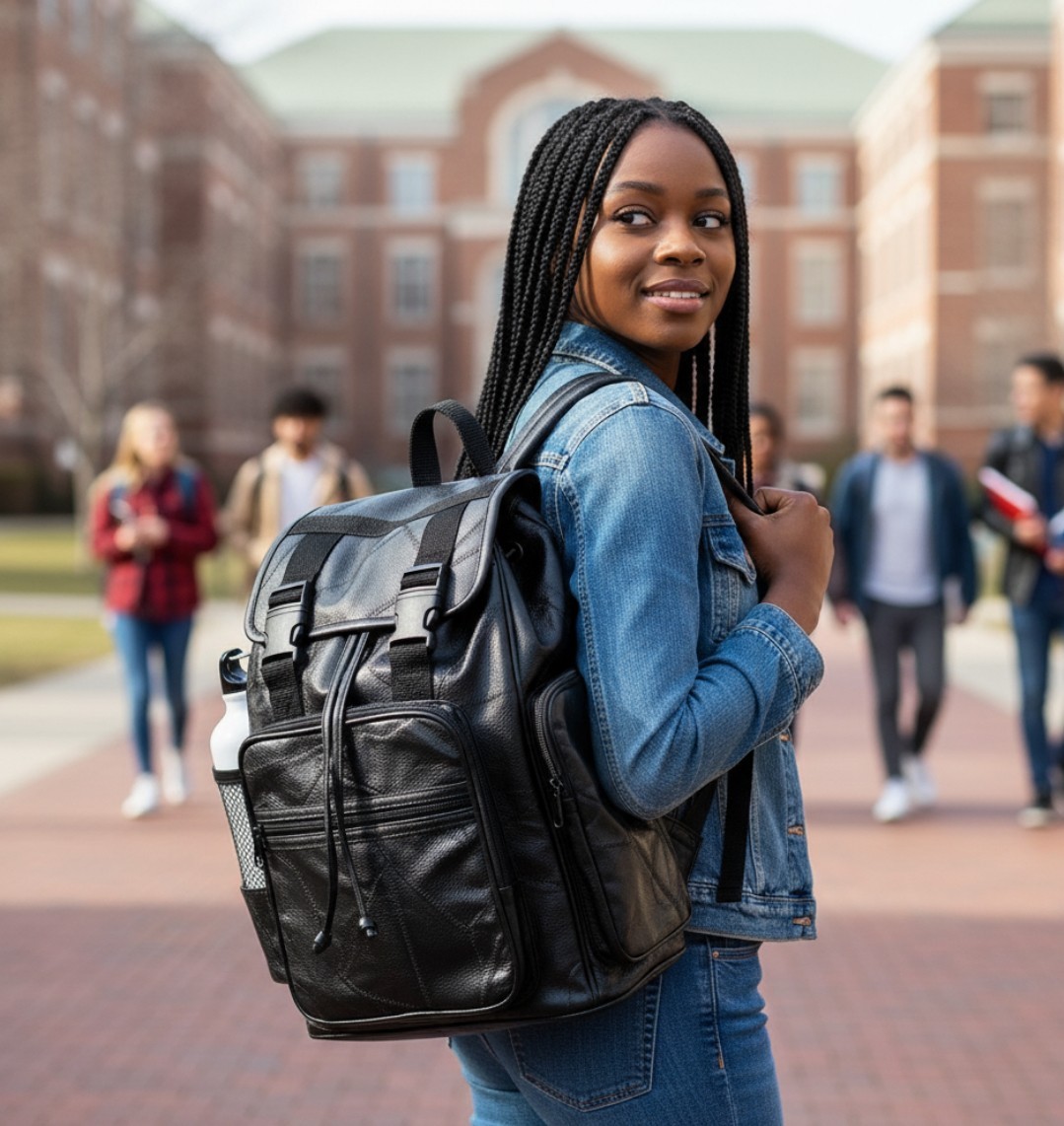 Black 100% Genuine Leather Backpack - Great For Motorcycle, School, Hiking