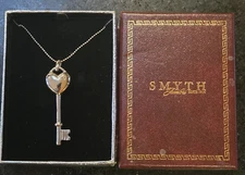 Sterling Silver Heart Key Pendant Necklace Diamond RCI Chain Italy, Signed Smyth