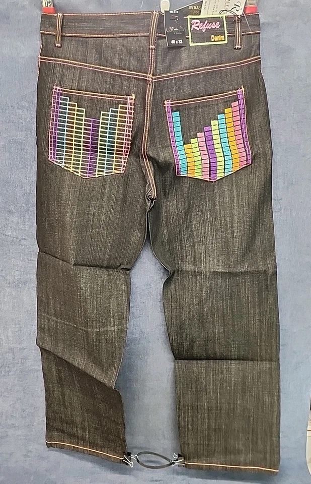 Refuse Denim Embroidered Rainbow Bricks Pocket Jeans Y2K NEW OS 40x32 CL09-01 - Image 2 of 4