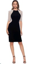 Xscape Women Black Knee-Length Embellished Beaded Sleeve Fitted Dress Size 8