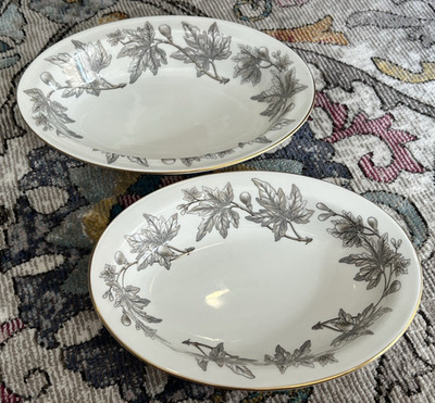 Pair Wedgwood Ashford Pattern Grey Fig & Leaf Pattern Oval Serving Bowls